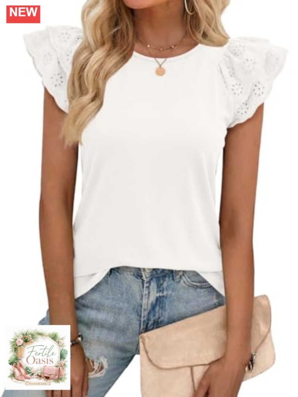 Lace Cap Sleeve Crew Neck Tee Women's Ruffle Top Casual Summer Blouse